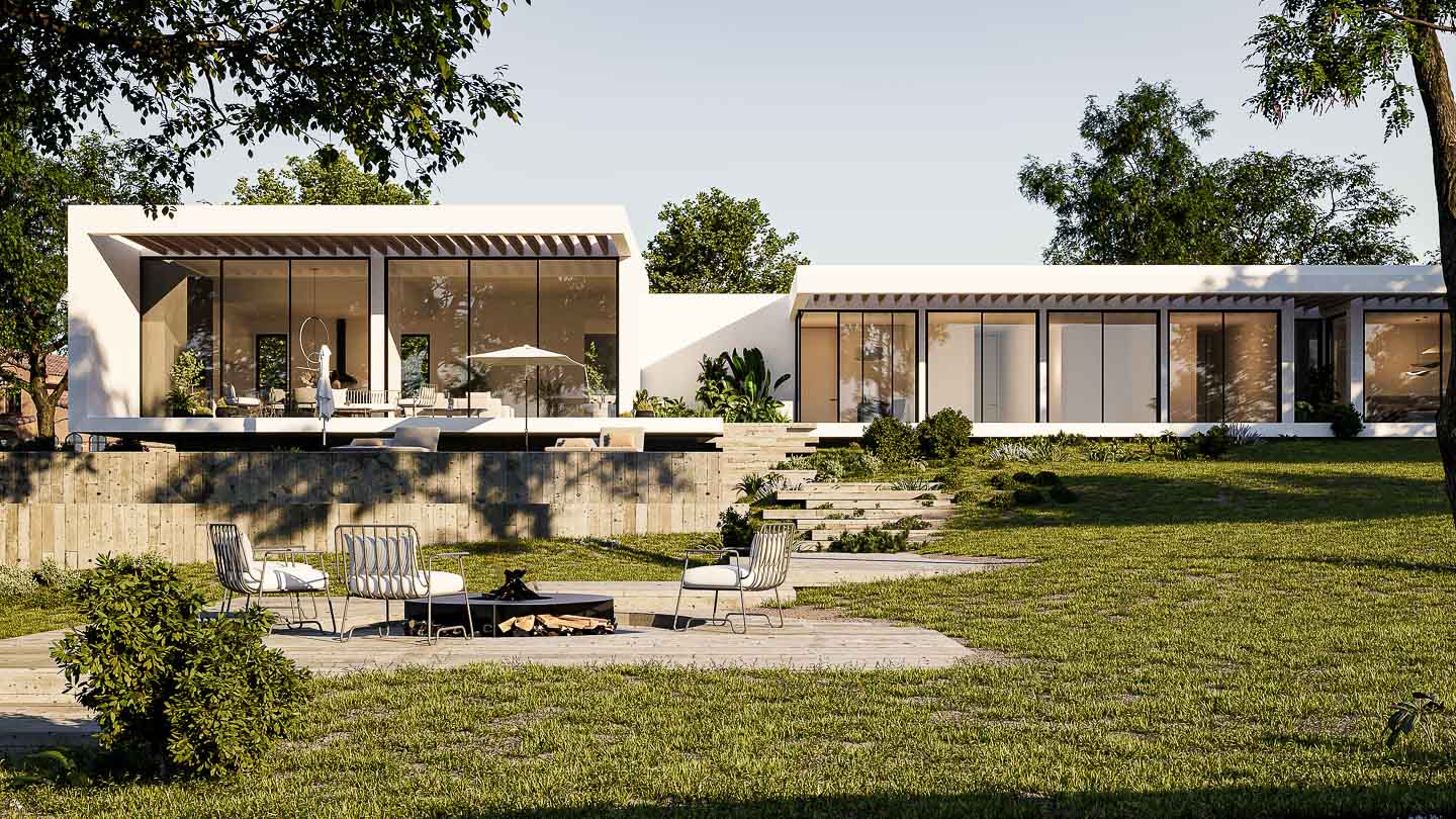 A rendering of a low white house on a lawn, with an outdoor fire and loungers.