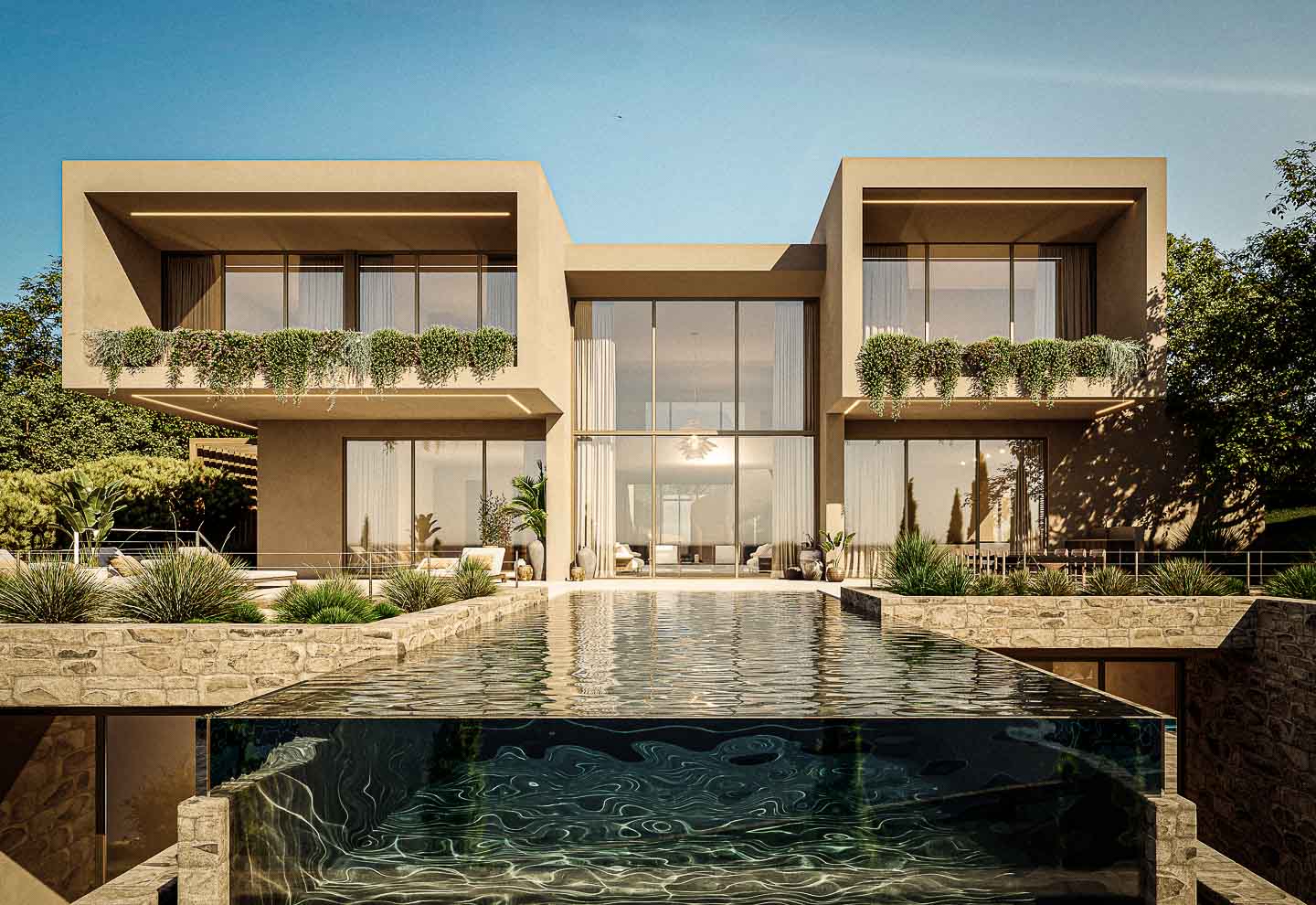 A rendering of two sand-toned volumes with a long pool between them and planting on the terraces.