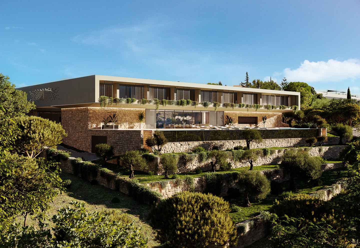 A rendering of a long house resting on dry-stone terraces, seen from below.