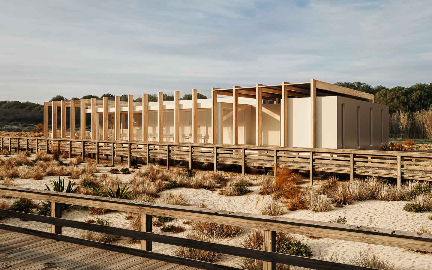 A rendering of a timber structure beside a boardwalk, among planted dunes.