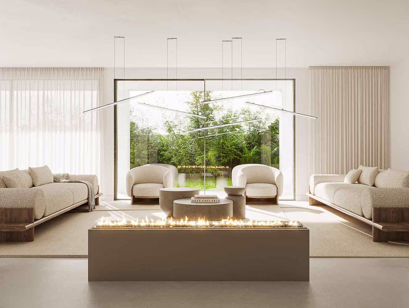 A modern living room with cream-colored sofas and armchairs arranged around a rectangular, sleek fireplace. Large windows in the background show a green garden. Minimalist d\xE9cor with neutral tones and a contemporary light fixture above.
