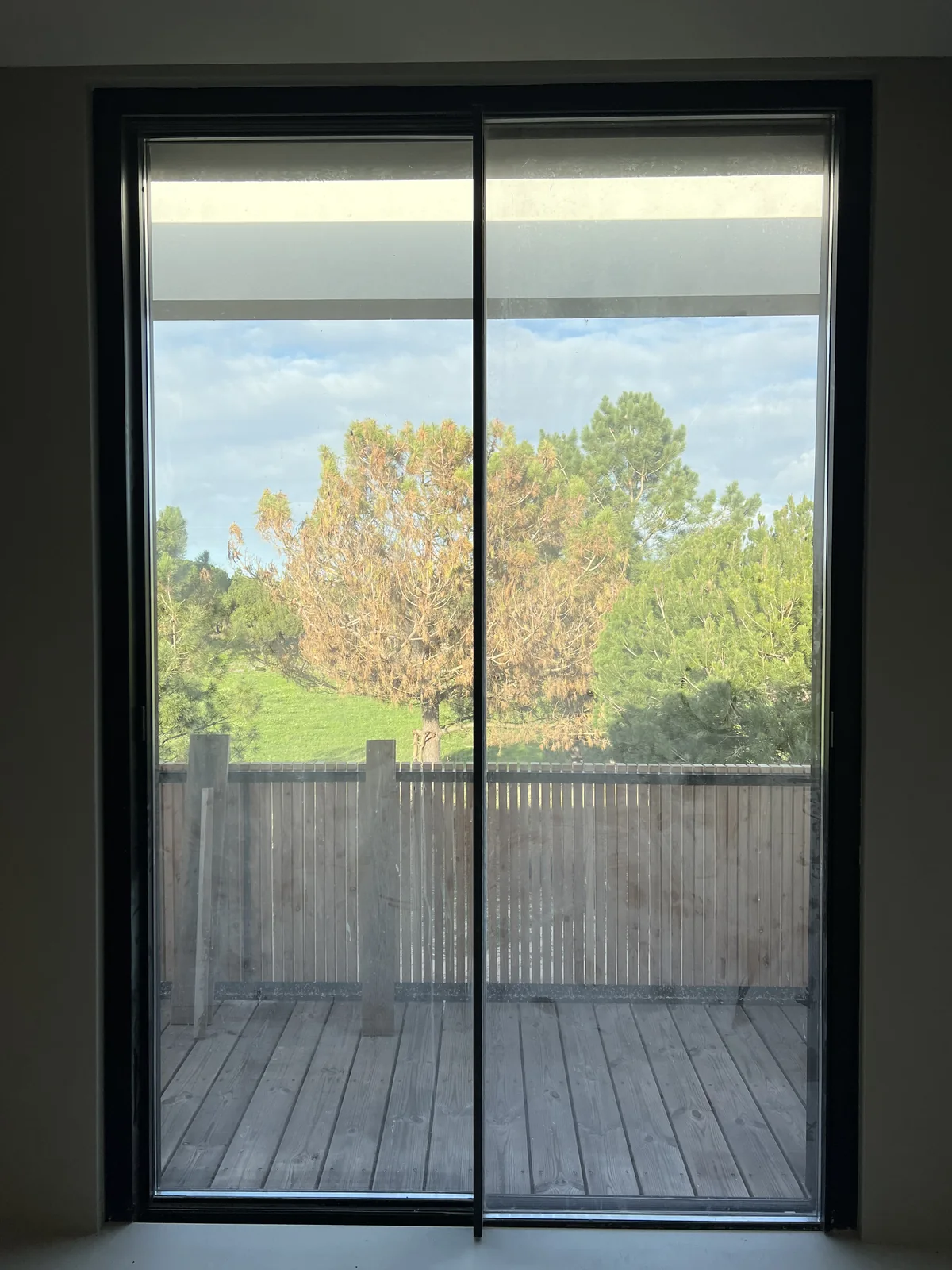 A large sliding glazed door in a dark frame, opening onto trees.