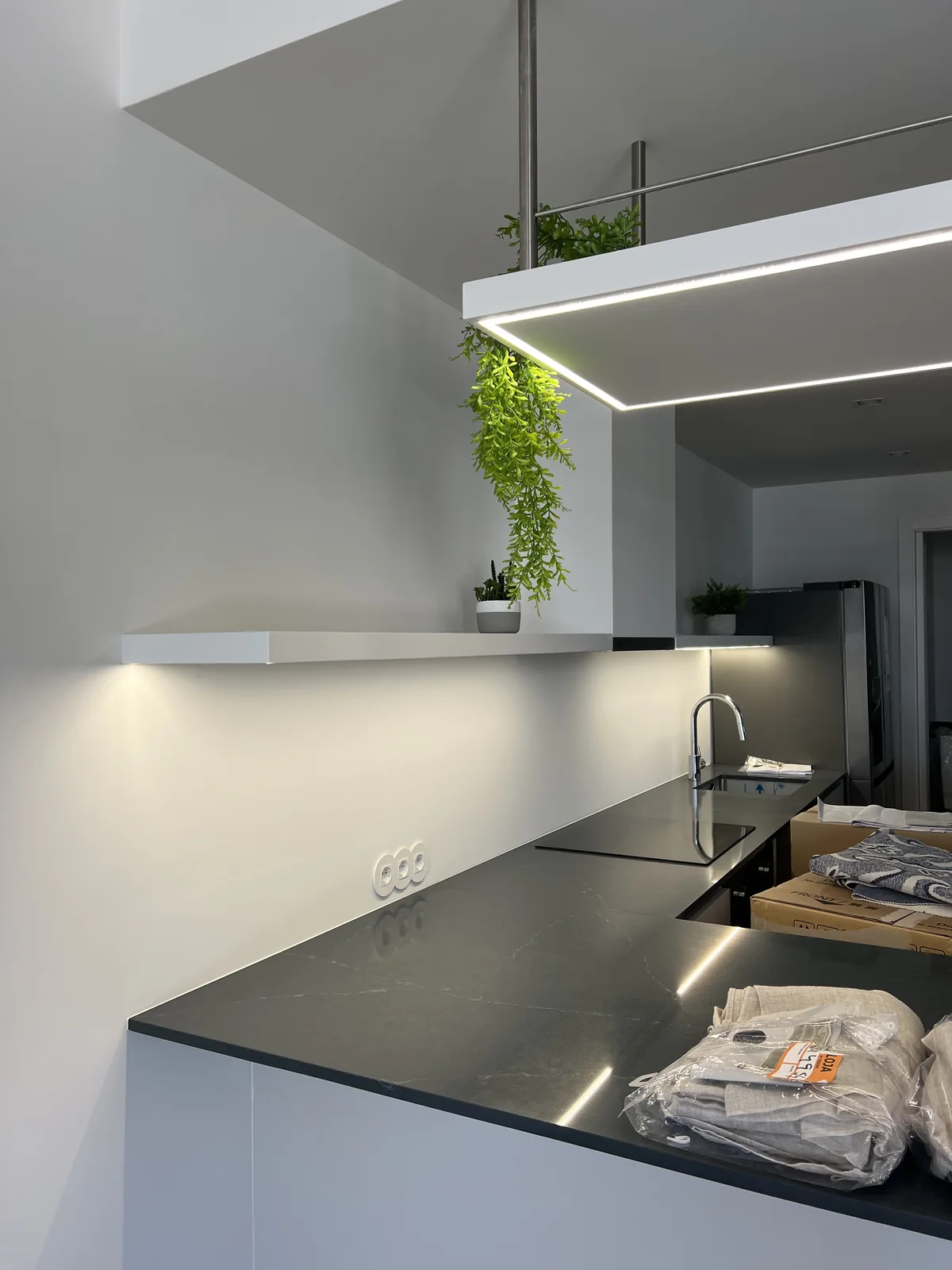 A kitchen with a dark stone worktop, a slim floating shelf above it and a plant at one end.