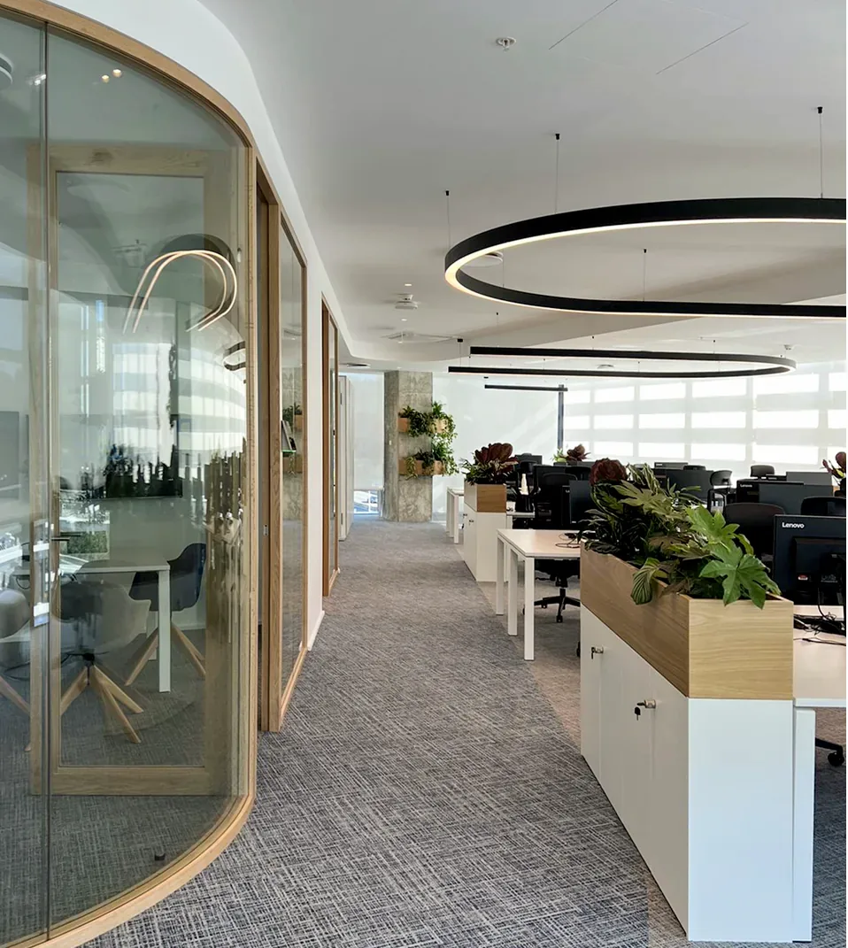 A corridor between a curved glass meeting pod in oak framing and the open workspace, under a curved ceiling carrying two black ring pendants, with white cabinets topped by oak planters along the right-hand side.