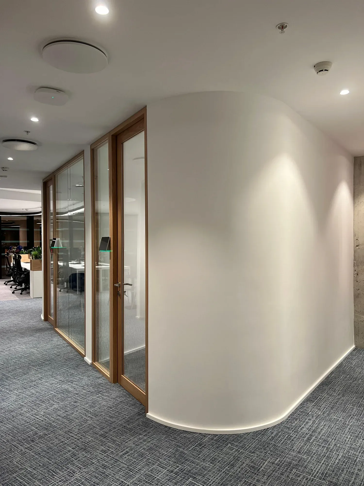 A corridor along a run of oak-framed glass rooms, closed on the right by a tall curved white wall with a continuous strip of light washing its base, over grey textured carpet.