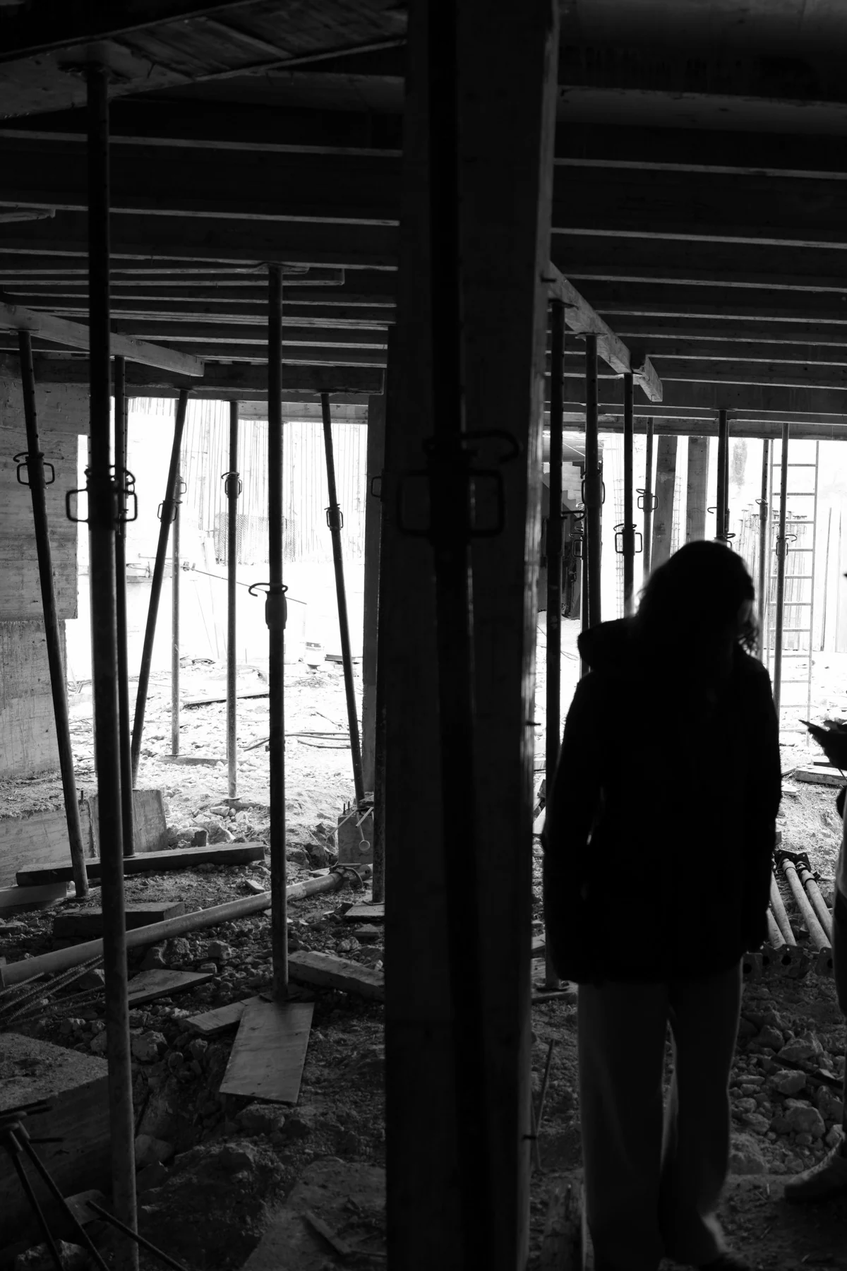 Black and white: a figure in silhouette in the foreground, among uprights reading as vertical lines, with daylight beyond.