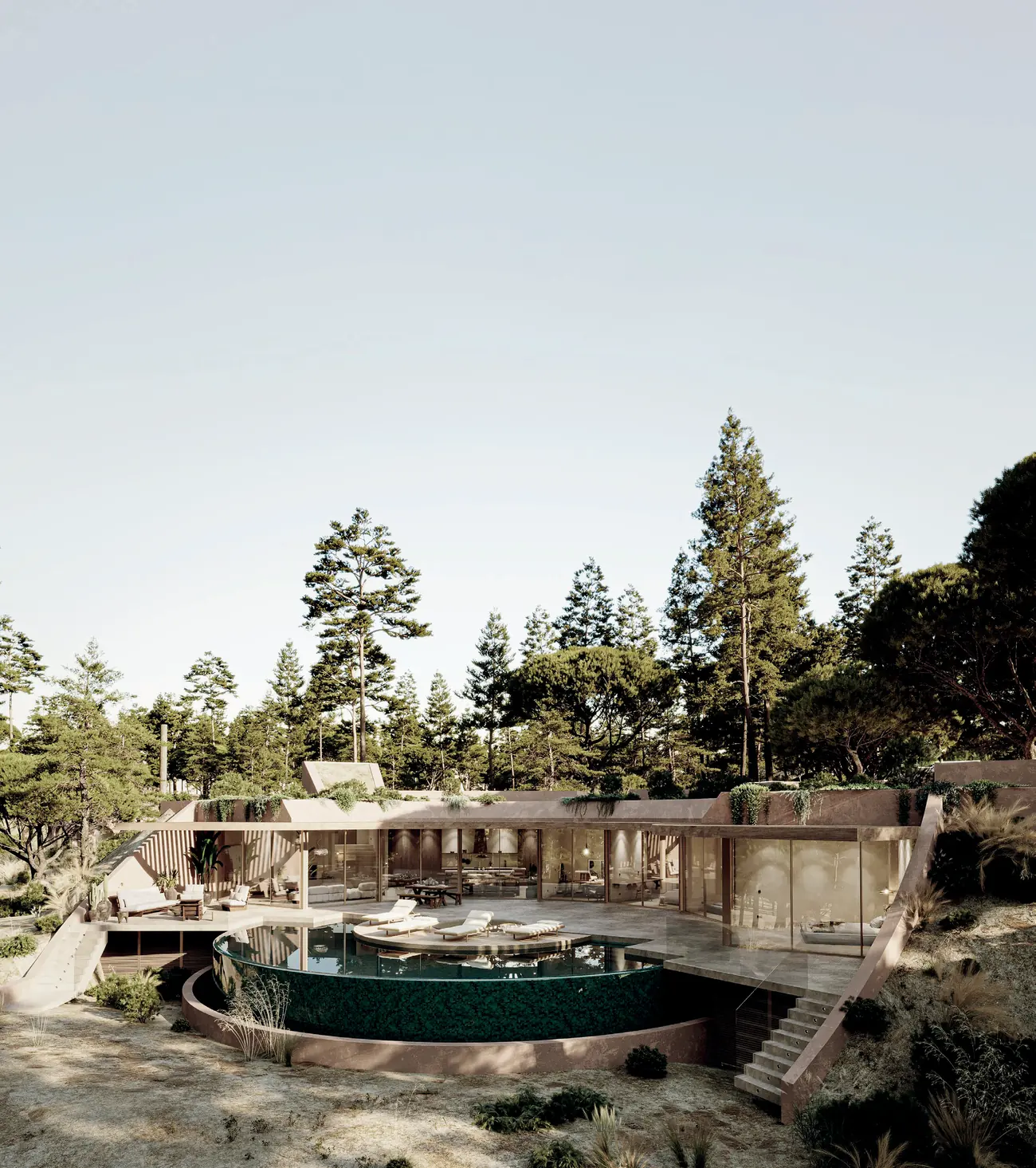 Imagem de síntese do edifício encaixado numa encosta arborizada, com uma piscina curva grande sobre uma plataforma nivelada suportada por muros, e a linha das árvores para lá.