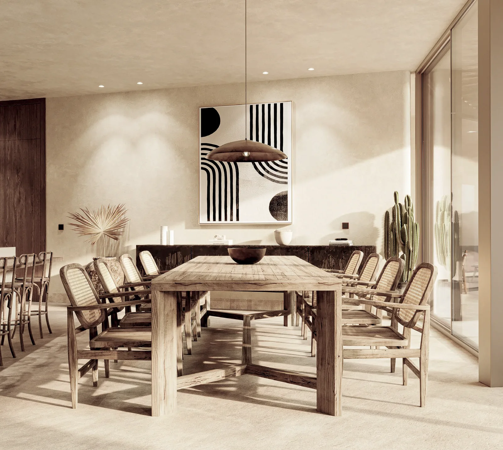 Imagem de síntese de uma sala de jantar com mesa comprida de madeira, cadeiras de palhinha, um candeeiro escuro e uma obra gráfica na parede.