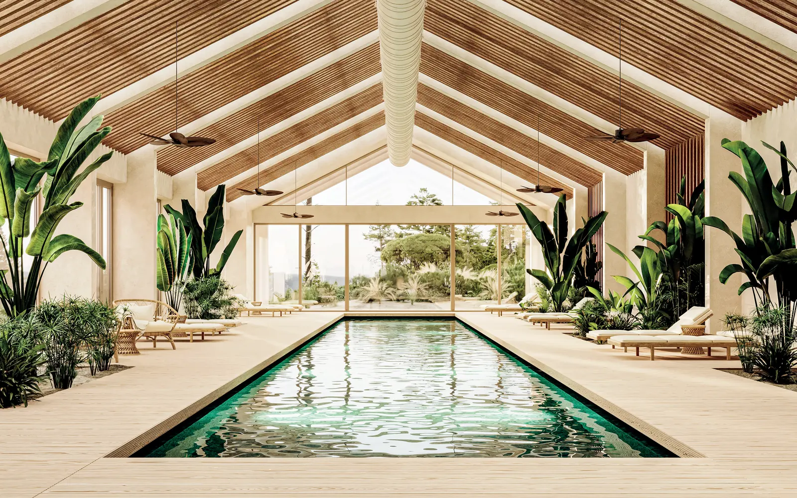 Imagem de síntese de uma piscina interior sob uma cobertura de madeira de duas águas, com plantas de folha larga dos dois lados e espreguiçadeiras nos topos.