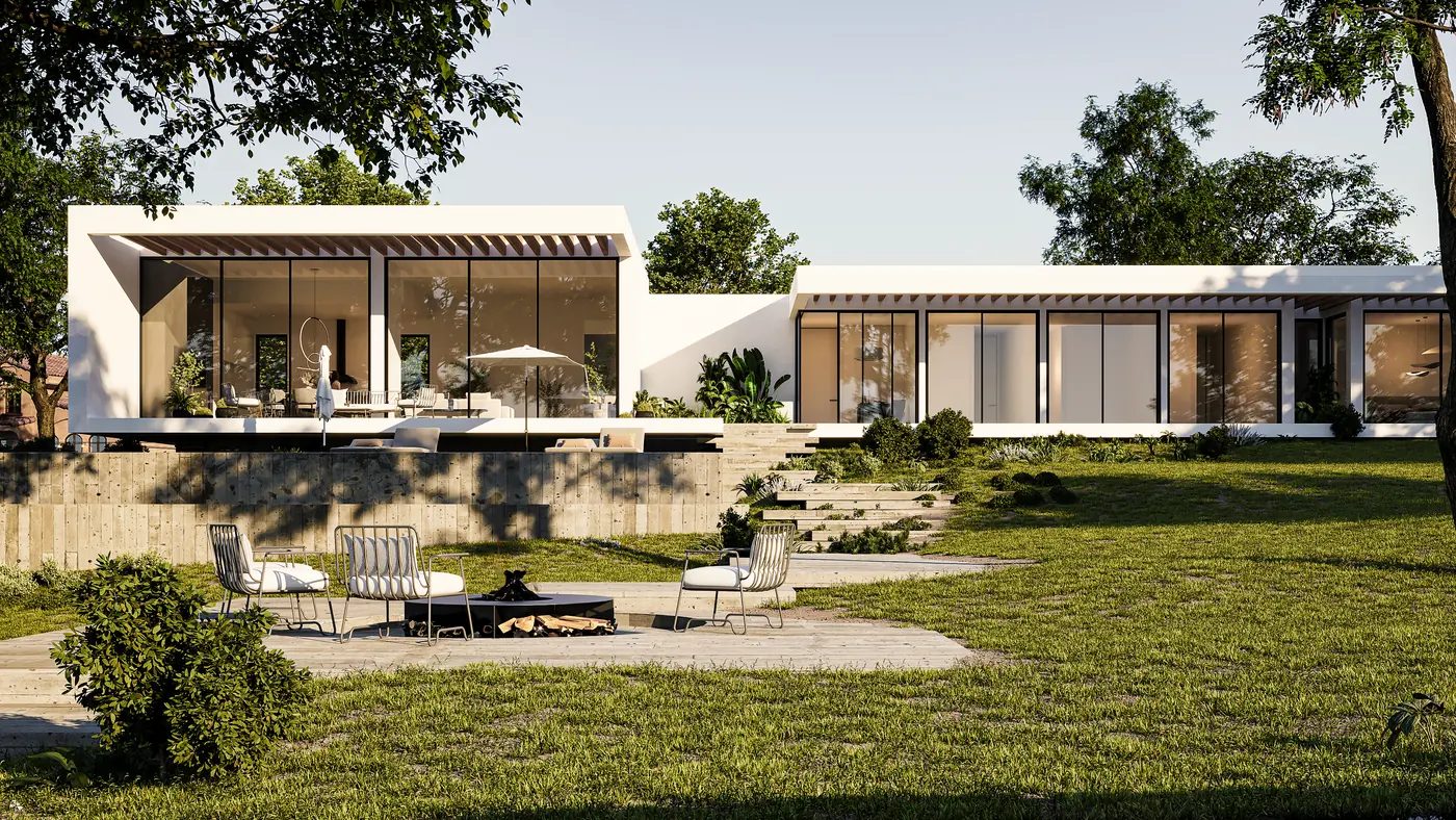 A long white single-storey house seen across a lawn, with a slatted timber pergola over its terrace.