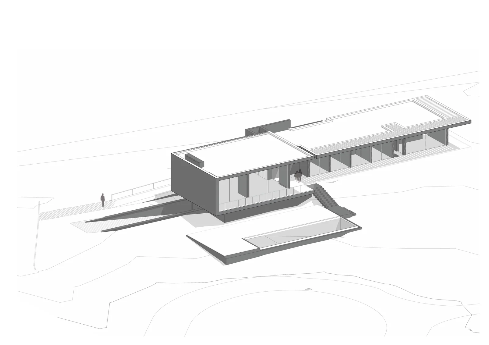 A grey exploded axonometric drawing showing three separated horizontal layers of a house above site contour lines.