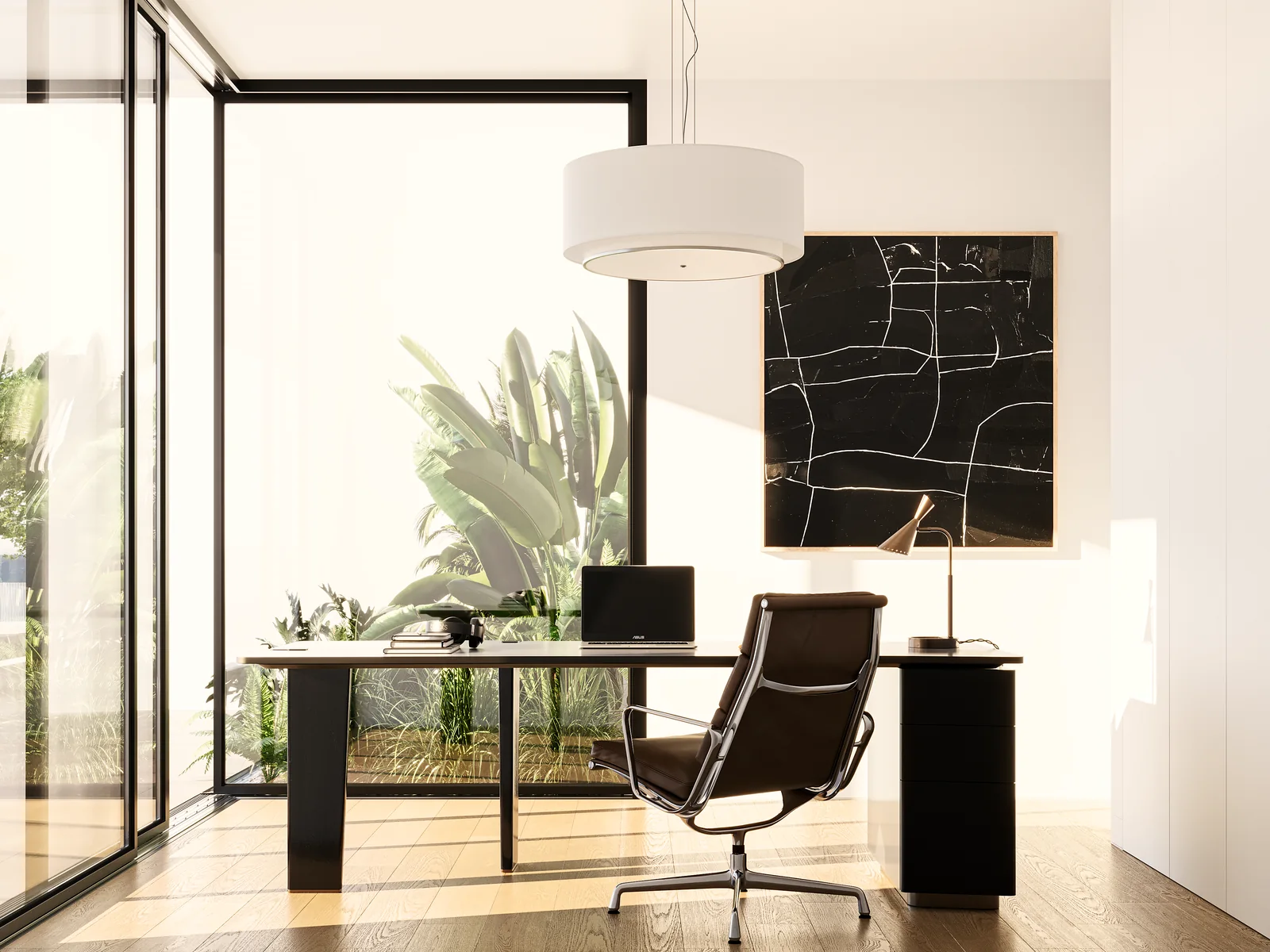A study with a desk, a leather chair and glazing on two sides onto planting.
