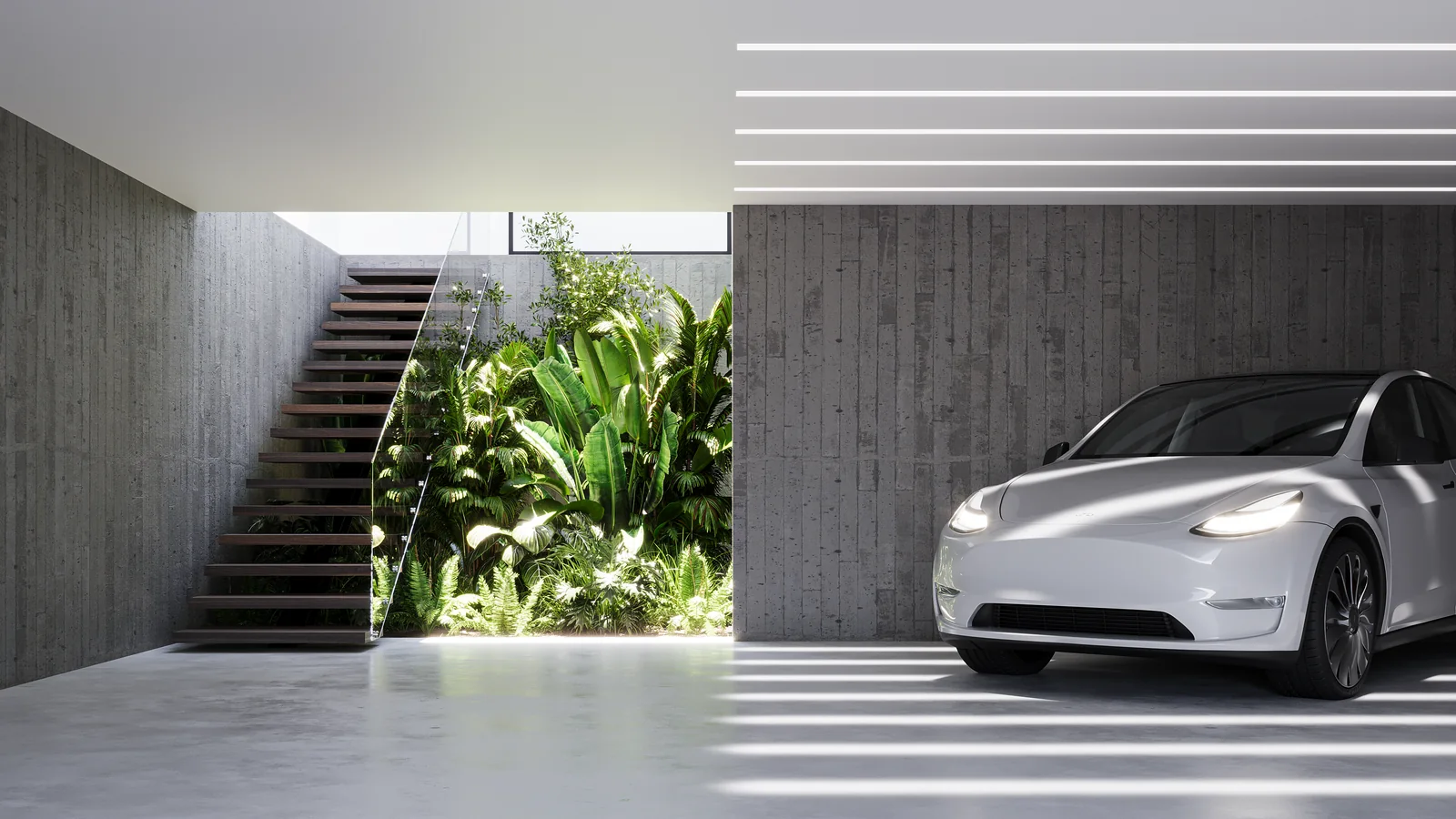 A concrete garage with a white car, a floating stair on the left and a planted light well between them.