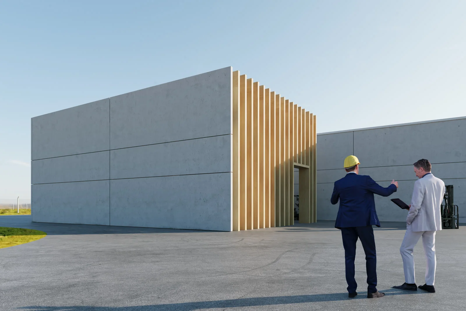 A render of the entrance: a white precast volume with a run of vertical timber fins over the doorway, two figures in conversation on the forecourt.