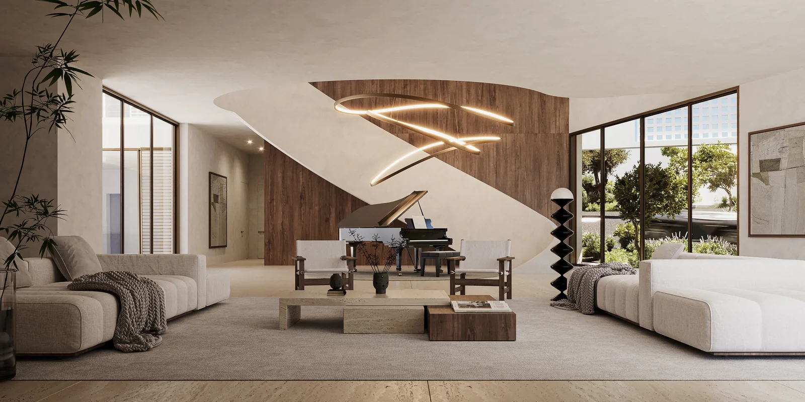 A double-height living space with a curved sculptural stair rising through it, a grand piano beneath, deep sofas on both sides and a ribbon of light following the curve of the ceiling.