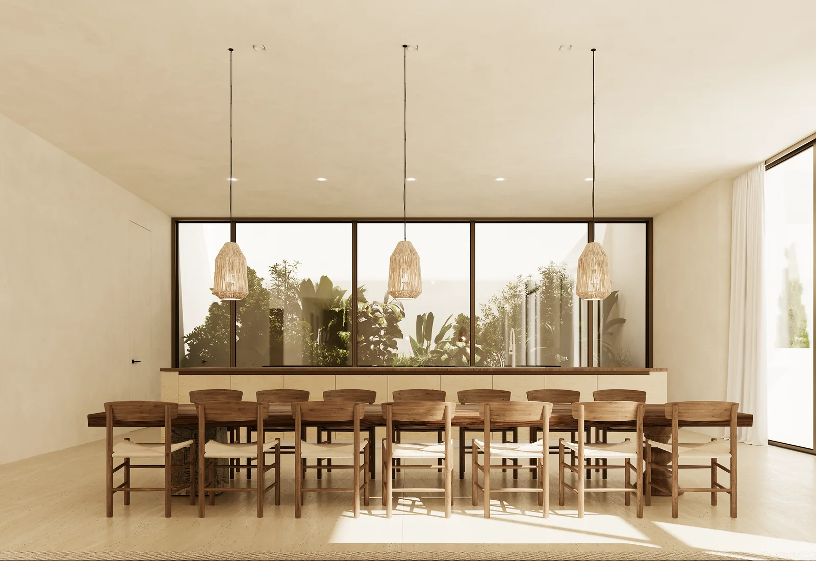 The dining room: a long timber table for fourteen with rush-seated chairs, three woven pendants above it, and a wall of glazing onto planting behind.