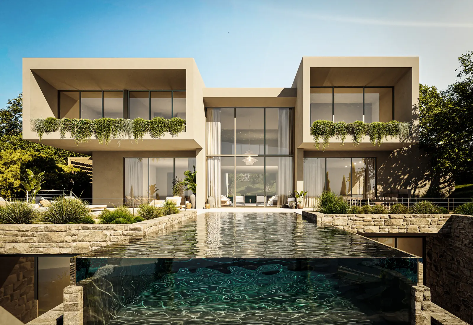 The house seen head on across the pool: two sand-rendered volumes stepping forward on either side of a glazed centre, planting spilling from every parapet, and a dry-stone wall retaining the pool terrace.