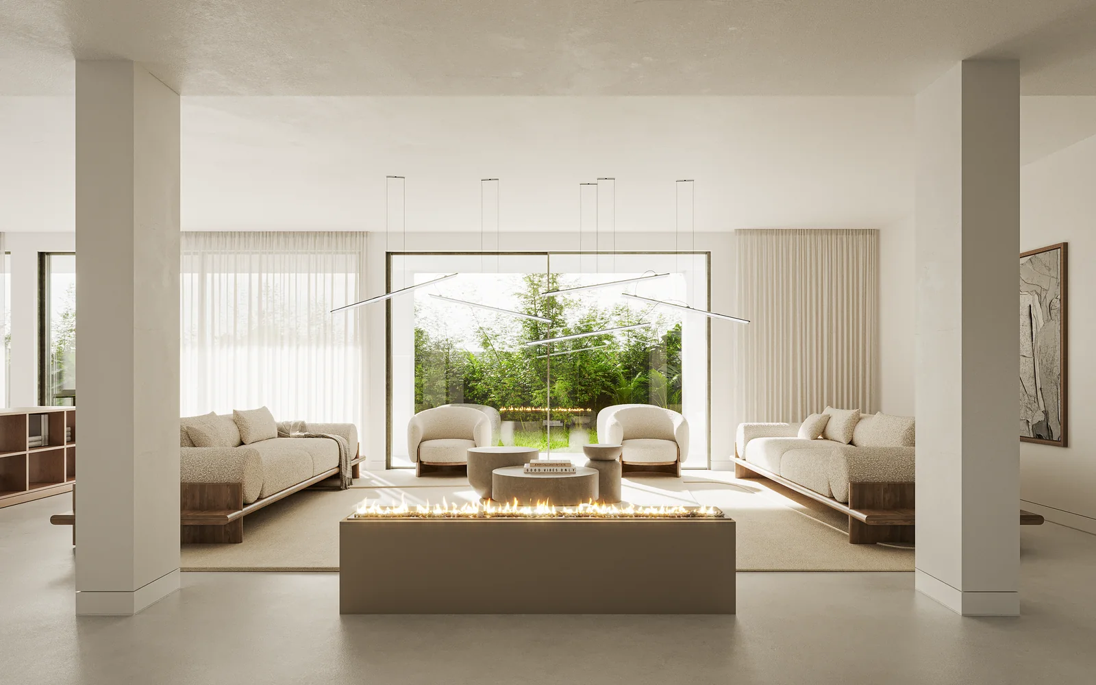 A sala de estar: assentos claros em torno de um banco-lareira baixo e comprido, pilares deixados a meio do espaço, e uma parede envidraçada para o jardim ao fundo.