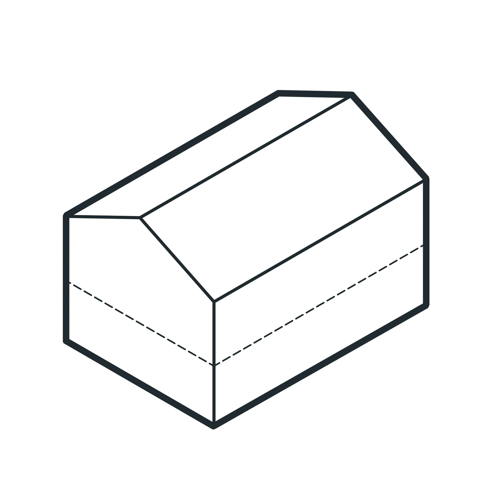 Axonometria a traço do edifício existente: um volume simples de empena, com uma linha a tracejado a marcar o pavimento que o divide em dois níveis.