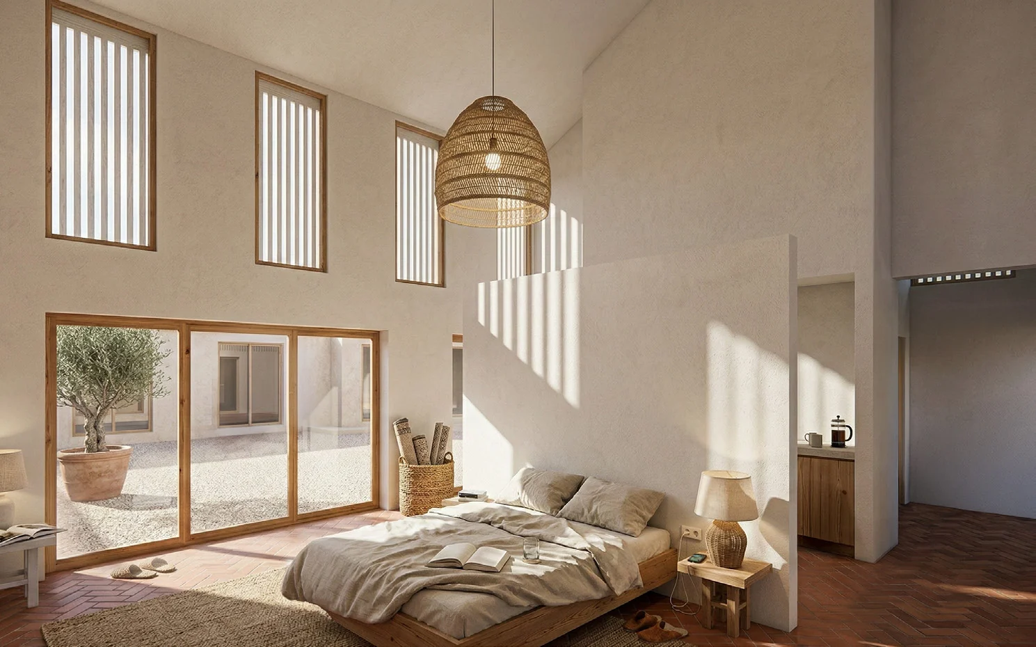 A render of the studio interior: a single tall room with a bed, a sliding glazed wall onto a courtyard, an olive tree in a pot, and high windows filtered by vertical timber slats.