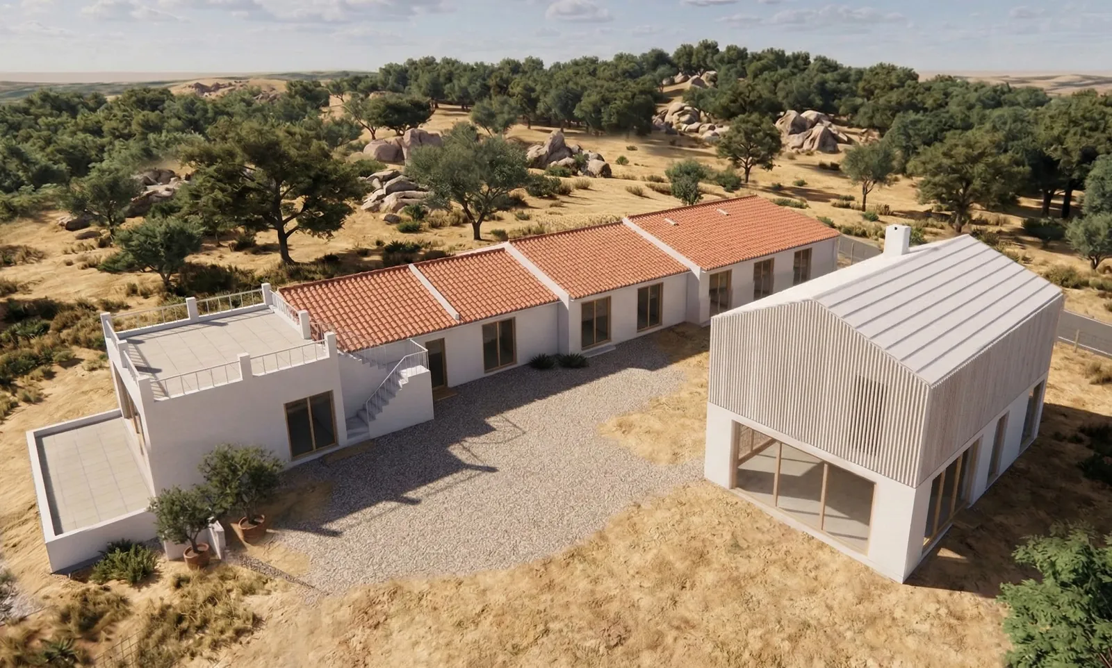 An aerial render of the proposal in its setting: the row of white buildings and the timber-clad volume around a gravel courtyard, with cork oaks and open scrub beyond.