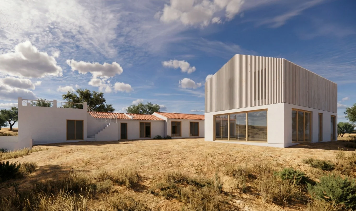 A render of the proposal: a long row of low white buildings with white tiled roofs on the left, and on the right a taller volume clad in close-set vertical timber slats, on dry grass under a blue sky.
