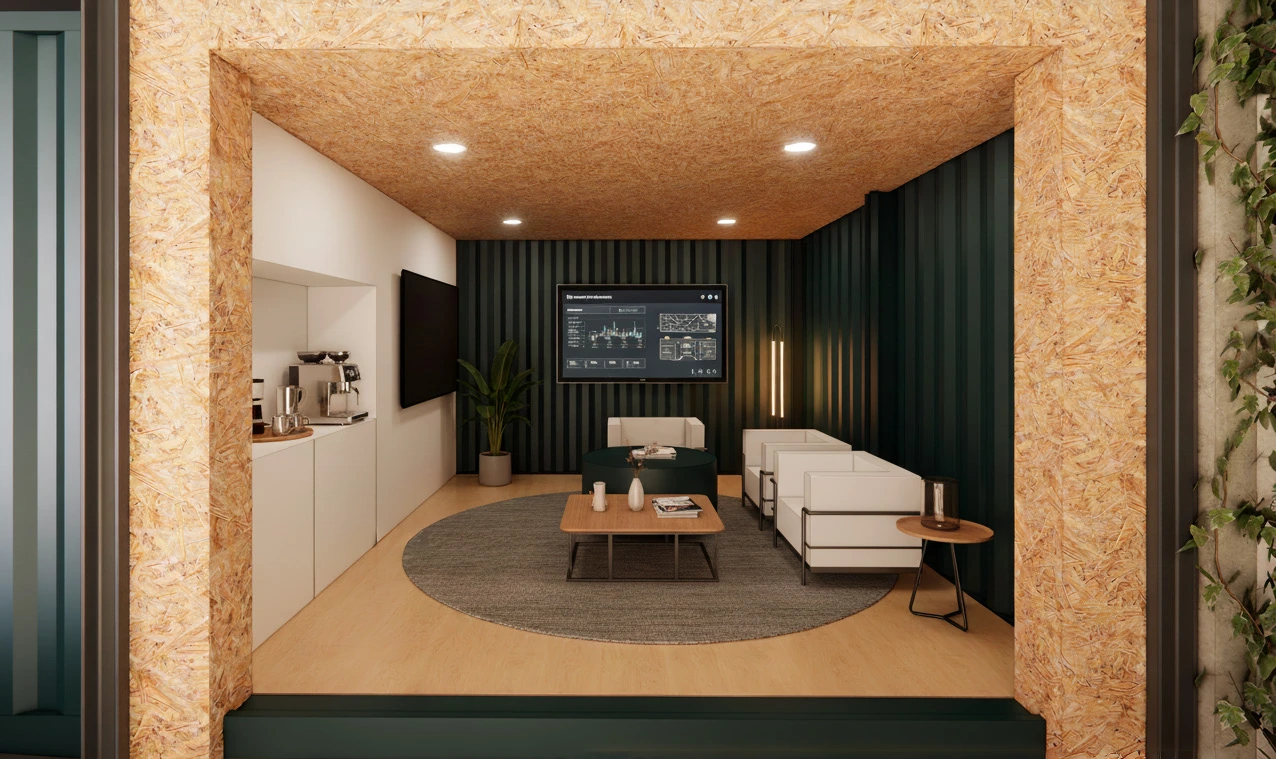 Looking into a shipping container through a portal lined in oriented strand board: inside, a meeting room with a wall screen, sofas around a low table and a kitchenette, against dark green corrugated steel.
