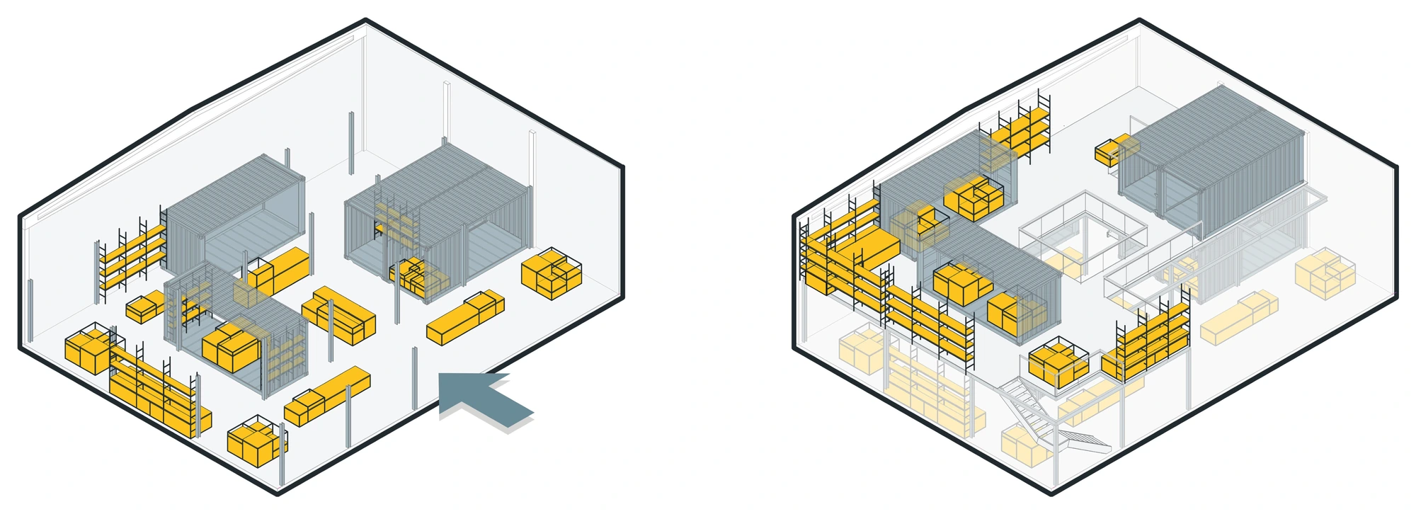 Two axonometrics side by side: on the left the ground floor, with racking, pallets and containers around the entrance; on the right the floor above, reached by a stair, with the mezzanine looking down over the level below.