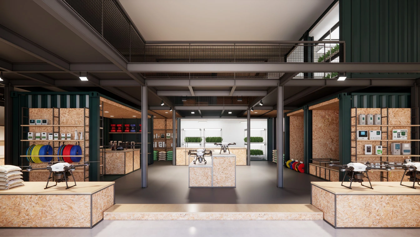 Double-height showroom: shipping containers open along both sides, display plinths in oriented strand board carrying drones and hose reels, and a lit indoor-growing room closing the view at the far end.