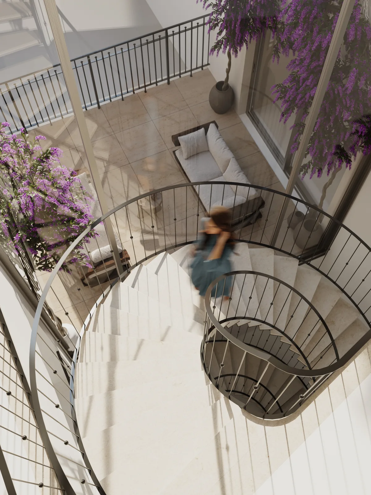 Looking straight down the well of the spiral stair from the level above, the white balustrade coiling twice around a figure descending, bougainvillea against the wall alongside.