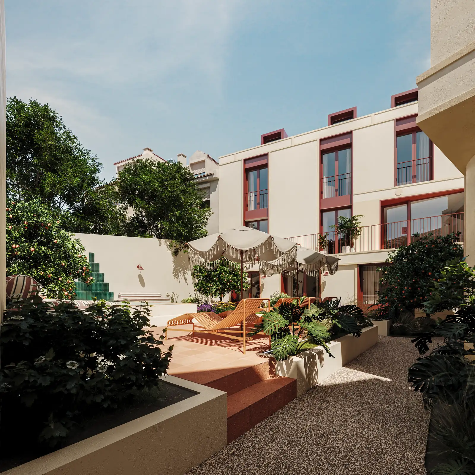The same courtyard from the opposite end, with parasols and loungers on a terracotta terrace, mature trees along the party wall and the pool in the foreground.