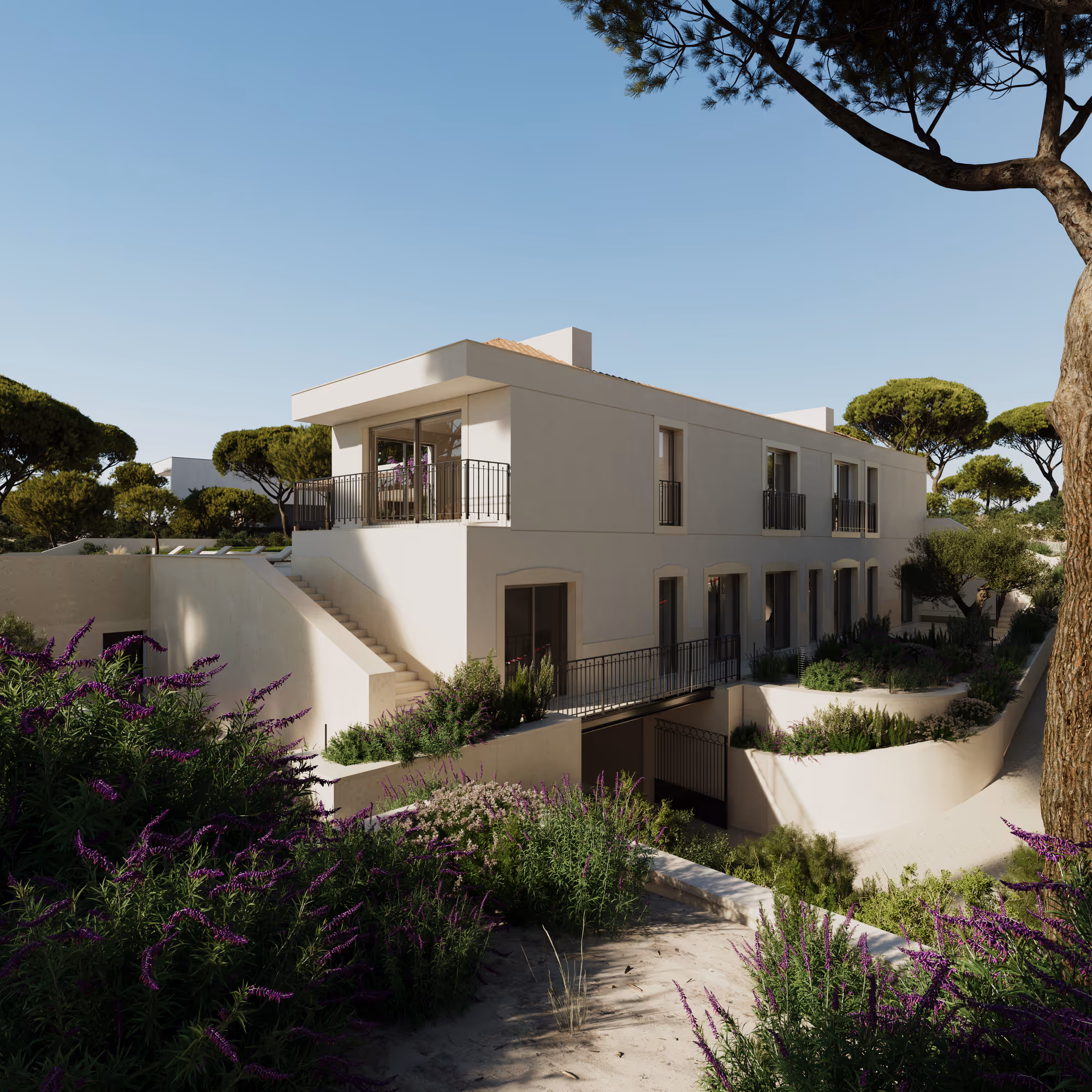 Whitewashed two-storey Comporta villa with arched openings and iron balconies among umbrella pines, a WALLNUT design-build project.